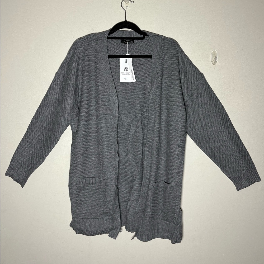 Merokeety Gray Knit Open Front Cardigan Sweater with Pockets Size XL